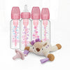 Dr. Brown's Natural Flow Anti-Colic Narrow Baby Bottles 8 oz (250 mL) 4-Pack with Level 1 Slow-Flow Nipples, Pink Floral Bottles + Deer Lovey & HappyPaci Pacifier