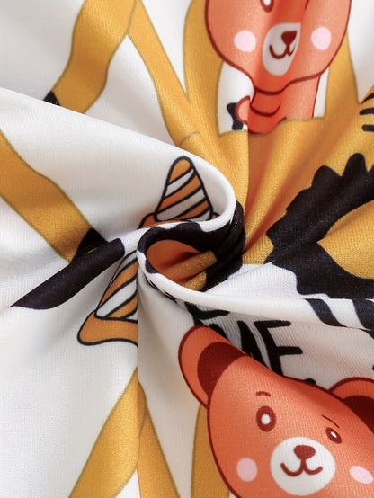 3pcs Baby Outfit Set – Cartoon Bear & Excavator Print, Knitted Fabric Romper, Beanie & Pants (Fall/Winter, Regular Fit)