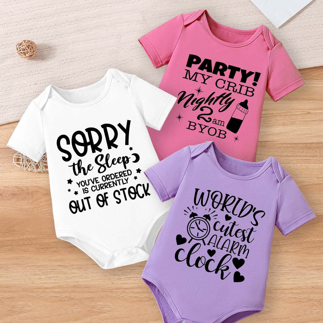 3pcs Cute Baby Girl Rompers – “Sorry, Party My Crib” & Fun Letter Prints – Short Sleeve Summer Bodysuits in White, Pink, Purple – Soft & Breathable Elastane/Polyester – Machine Washable, Perfect for Outdoor Wear