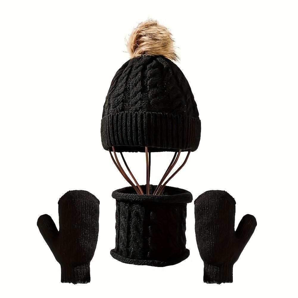 ROORUNS 3-Piece Knit Beanie Set for Toddlers 0-3 Years – Winter Warm Cable Knit Hat with Pom-Pom, Scarf & Mittens – Perfect Gift for Toddlers - Kidzy Market