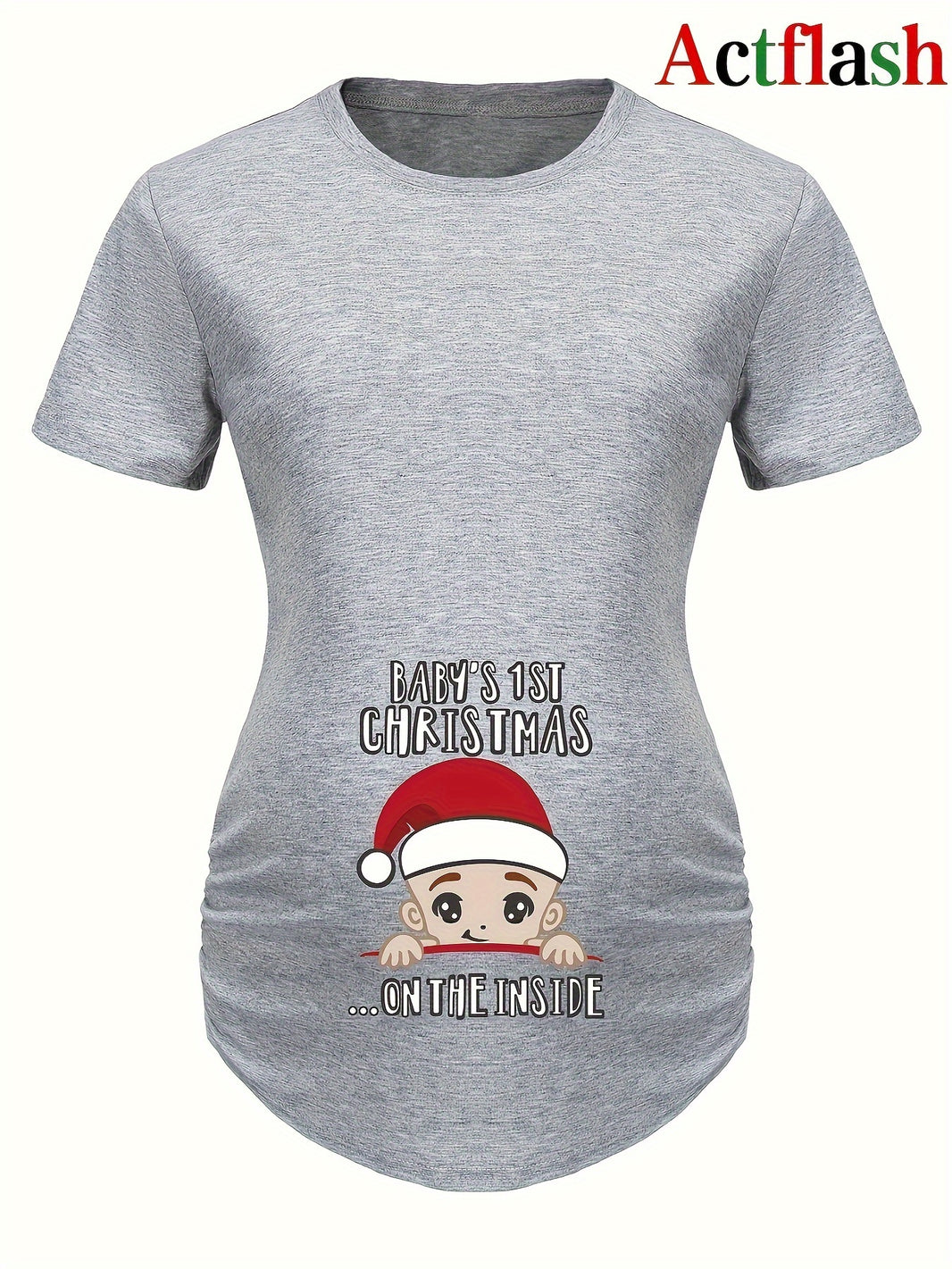 Actflash Festive Christmas Youngsters Print Maternity Tee - Comfy Polyester & Spandex Blend, Crew Neck, Short Sleeve, Perfect for Summer, Christmas Hat, Cute Youngsters Announcement Shirt