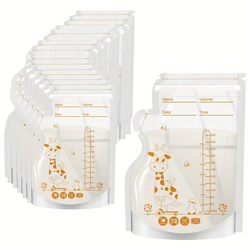 100pcs Giraffe-Themed Kids’ Food Storage Bags – 250ml (8.45oz) Each – Self-Standing, Space-Saving, Transparent BPA-Free Bags for Breastfeeding & Baby Feeding – Easy Pour Spout & Stackable Design