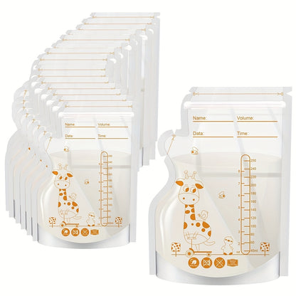 100pcs Giraffe-Themed Kids’ Food Storage Bags – 250ml (8.45oz) Each – Self-Standing, Space-Saving, Transparent BPA-Free Bags for Breastfeeding & Baby Feeding – Easy Pour Spout & Stackable Design
