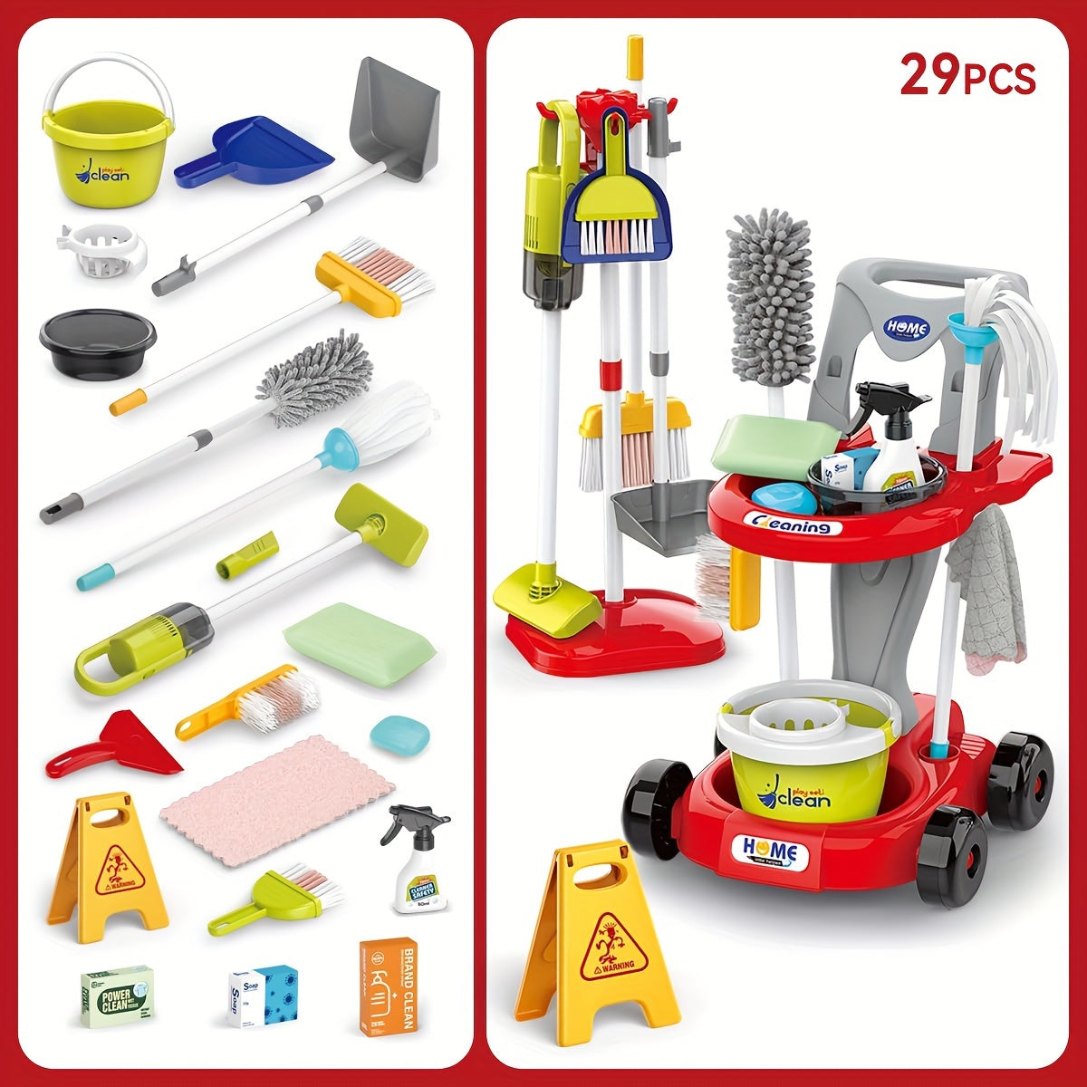 6-Piece ABS Kids Cleaning Cart Play Set with Mini Vacuum, Broom, Mop & Bucket - Pretend Play Cleaning Toys for Toddlers (Red & Blue) – view 9
