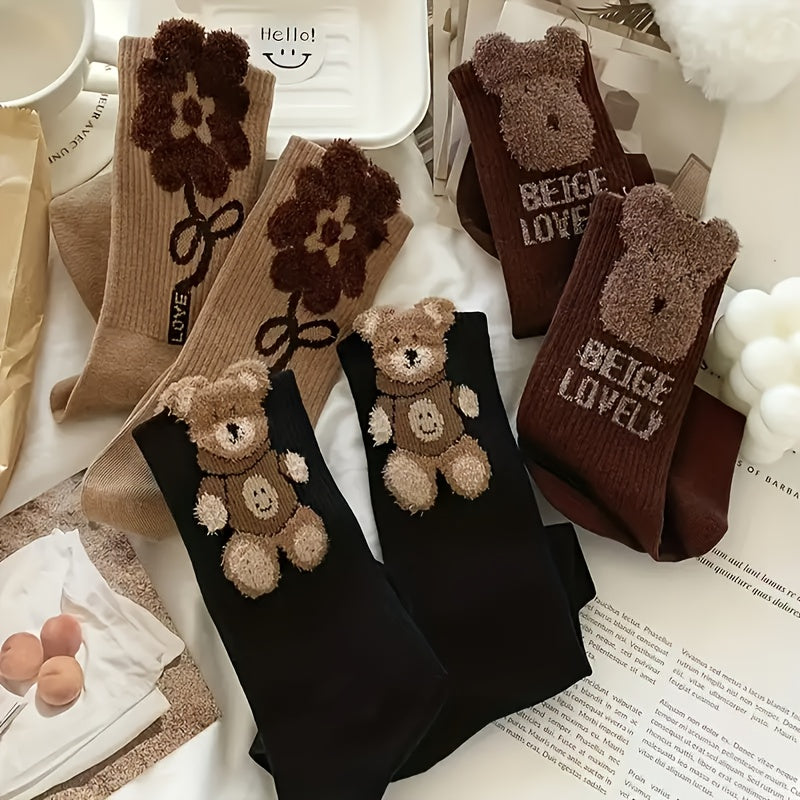 6 Pairs Cute Bear and Flower Socks - Perfect for Autumn and Winter
