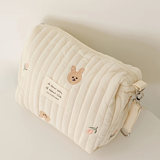 Adorable Quilted Diaper Bag with Bunny & Floral Embroidery – Portable Reusable Nappy Caddy Organizer for Wet/Dry Use, Ideal for Strollers and Small Diaper Bags - Kidzy Market
