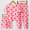 3-Piece Girls' Flame-Resistant Pajama Set — Pink Heart Print Short Sleeve Top + Shorts + Long Pants, Loose-Fit Lightweight Breathable Sleepwear for Kids Ages 4-13