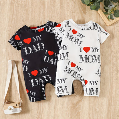 2pcs Baby Boy Summer Outfit – "I Love Grandma, Mom, Dad" Alphabet Print Jumpsuit, Casual Knit Polyester & Spandex Set (Short Sleeve, Outdoor Wear)