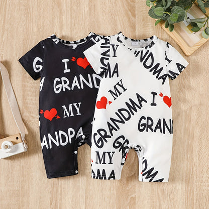 2pcs Baby Boy Summer Outfit – "I Love Grandma, Mom, Dad" Alphabet Print Jumpsuit, Casual Knit Polyester & Spandex Set (Short Sleeve, Outdoor Wear)