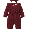 I'M SO THANKFUL Infant Cotton Blend Ruffle Long Sleeve Romper with Headband – Solid Color, Bow Detail, Fall/Winter Jumpsuit (65% Cotton, 35% Polyester)