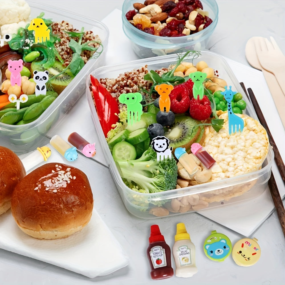 38PCS Cartoon Animal & Fruit Lunch Accessories Set – Salad Dressing Squeeze Bottles, Bento Box Decorations, Fun Mealtime Utensils, BPA-Free Polypropylene (PP)