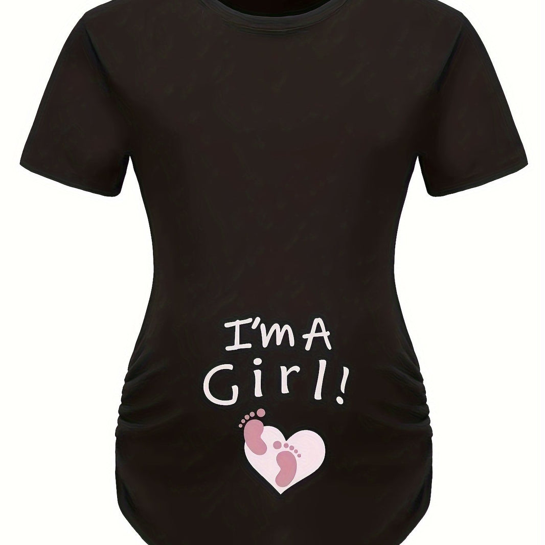Women's Maternity Casual "I'm A GIRL" Foot Heart Graphic Short Sleeve Slim Fit T-shirt Top for Summer