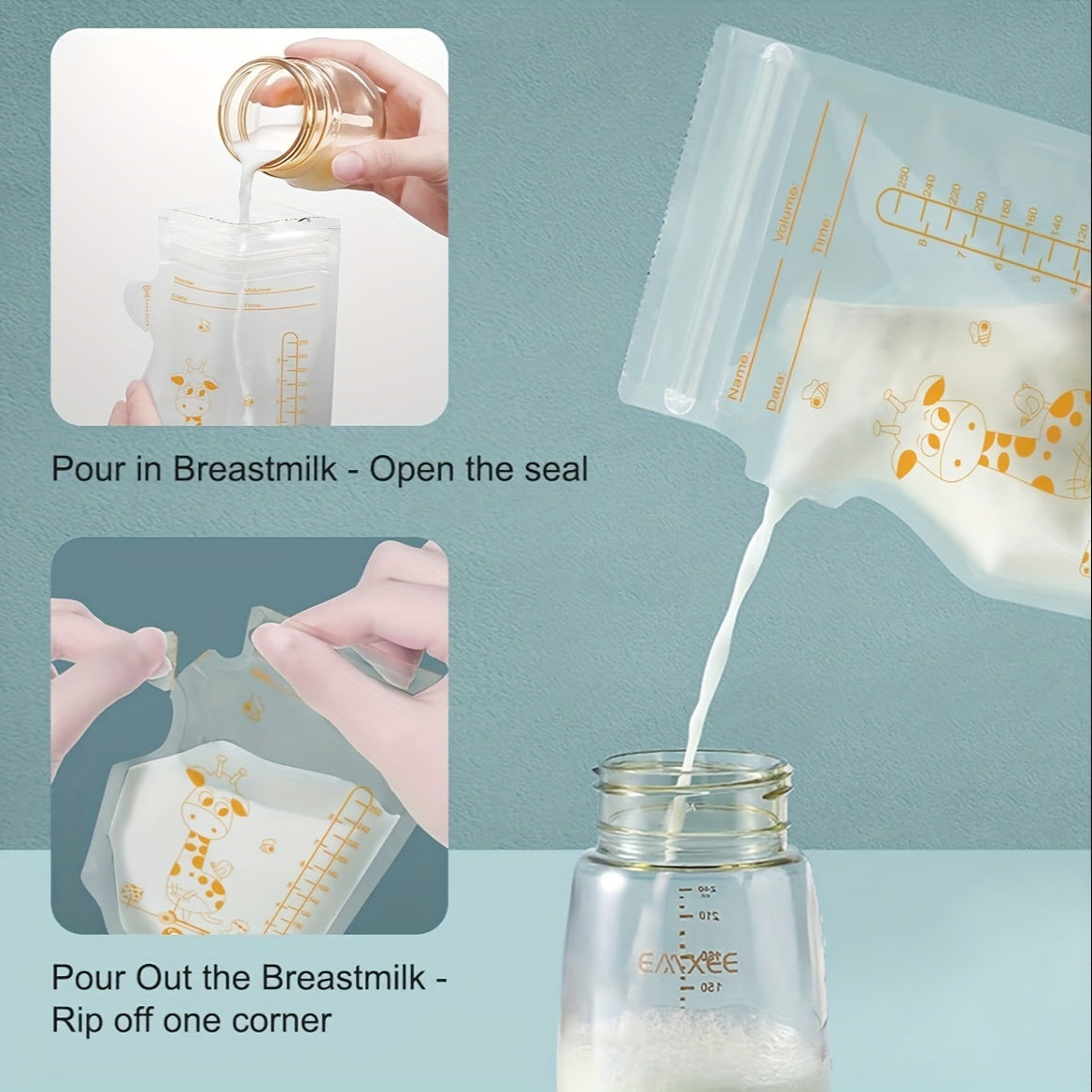 100pcs Giraffe-Themed Kids’ Food Storage Bags – 250ml (8.45oz) Each – Self-Standing, Space-Saving, Transparent BPA-Free Bags for Breastfeeding & Baby Feeding – Easy Pour Spout & Stackable Design