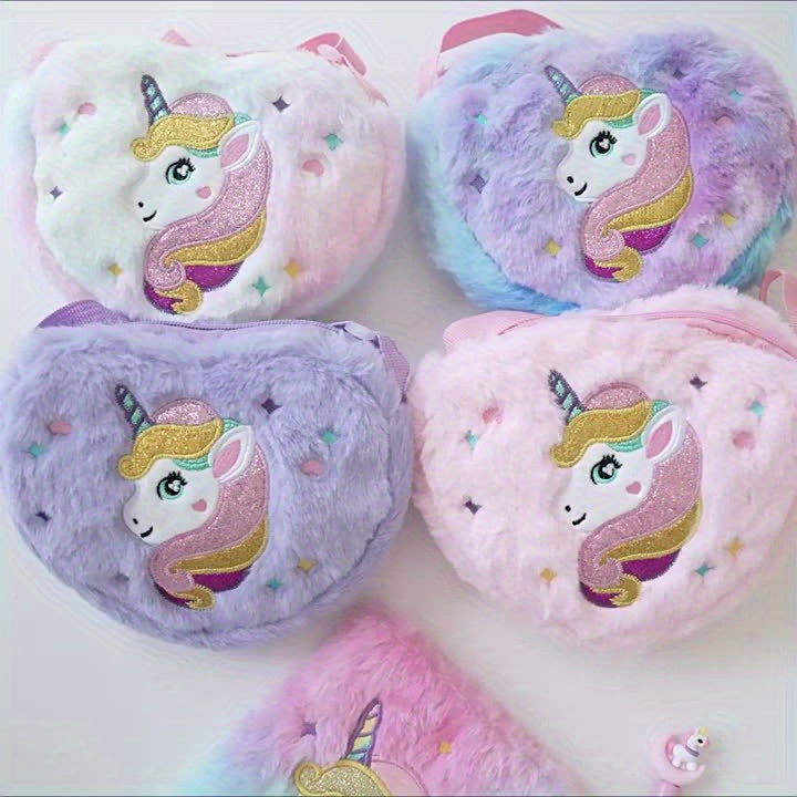 1pc Cute Plush Unicorn Crossbody Bag for Girls - Cartoon Love Design Mobile Phone Bag | Adorable & Stylish Everyday Accessory - Kidzy Market