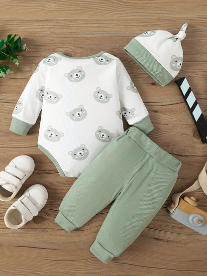 Baby Bear Print Outfit – Triangle Romper, Trousers & Hat 3-Piece Set (Soft & Comfortable, Newborn Outdoor Clothing)