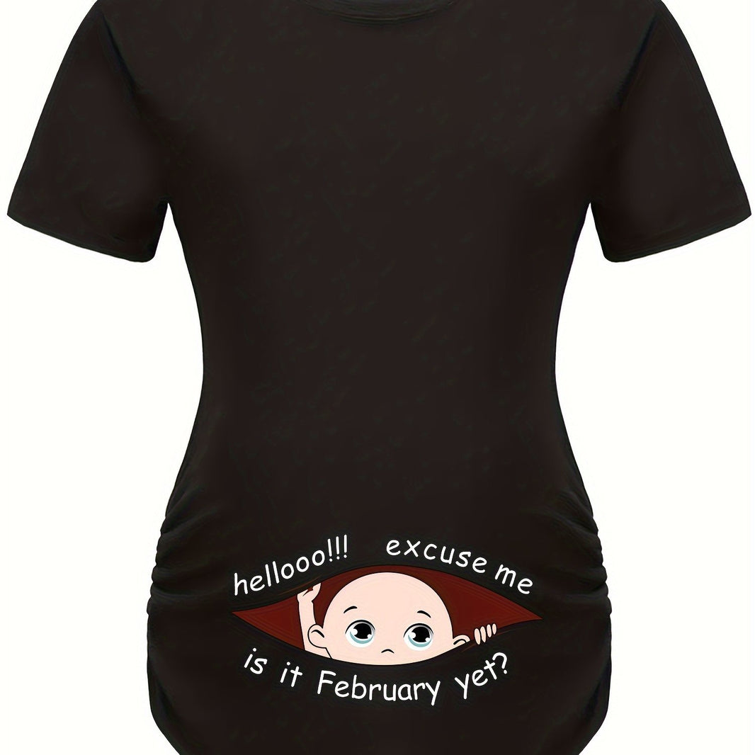 Hello Month & Cartoon Character Print Maternity T-Shirt, Round Neck Short Sleeve Pregnant Women's Top for Pregnancy Announcement - Comfortable Fit