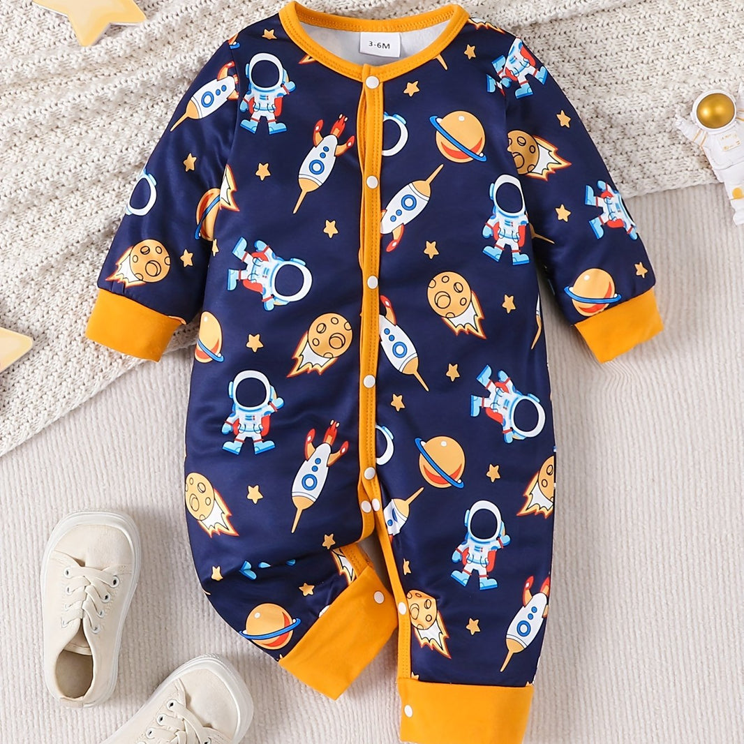 Adorable Cartoon Planet Long-Sleeve Romper for Baby Boys – Comfy Polyester Blend, Full Print (Spring/Fall, Outdoor Wear)