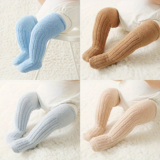 5 Pcs MIIYOUNG Coral Fleece Lined Thick Winter Indoor Anti-Slip Children’s Over Knee Long Tube Floor Socks | 100% Polyester, Knit Fabric, Hand Wash Only | For Fall and Winter