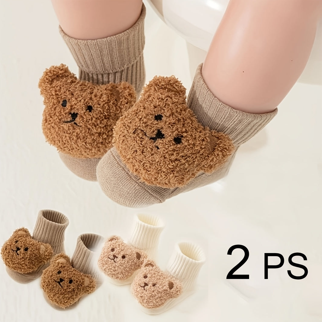 1 Pair/3 Pairs of Soft & Comfortable Ribbed Socks for Babies - Cute Bear Design | Non-Slip with Fold-Over Top, Suitable for Children