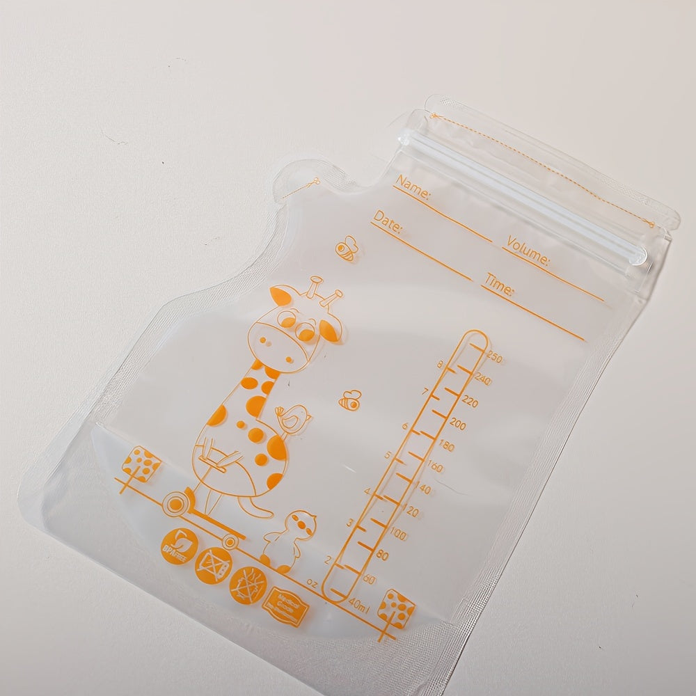 100pcs Giraffe-Themed Kids’ Food Storage Bags – 250ml (8.45oz) Each – Self-Standing, Space-Saving, Transparent BPA-Free Bags for Breastfeeding & Baby Feeding – Easy Pour Spout & Stackable Design