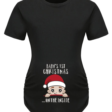 Actflash Festive Christmas Youngsters Print Maternity Tee - Comfy Polyester & Spandex Blend, Crew Neck, Short Sleeve, Perfect for Summer, Christmas Hat, Cute Youngsters Announcement Shirt