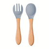 2PCS Silicone Feeding Set – Durable Spoon & Fork with Wooden Handle, BPA-Free Self-Feeding Utensils for Toddlers & Babies