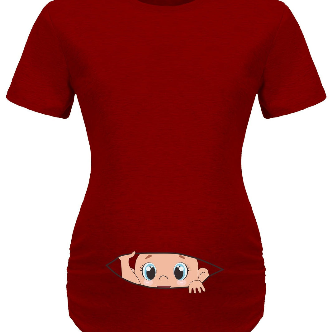 Letter Printed Short-sleeved Maternity Wear Black T-shirt with Big-eyed Baby Pattern