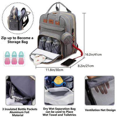 Lamroro Diaper Bag Backpack with Changing Pad – Multi-Functional Travel Baby Bag with USB Charging Port, Waterproof Polyester, Zipper Closure & Utility Pockets – Perfect for Parents, Preschool & Travel - Kidzy Market
