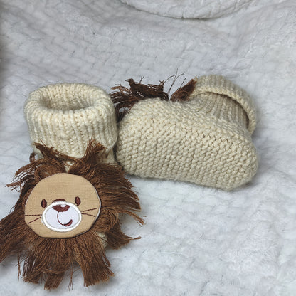 Handmade Knitted Booties & Socks - Soft Sole Shoes with Cute Lion Decorative Gift Shoes for Babies