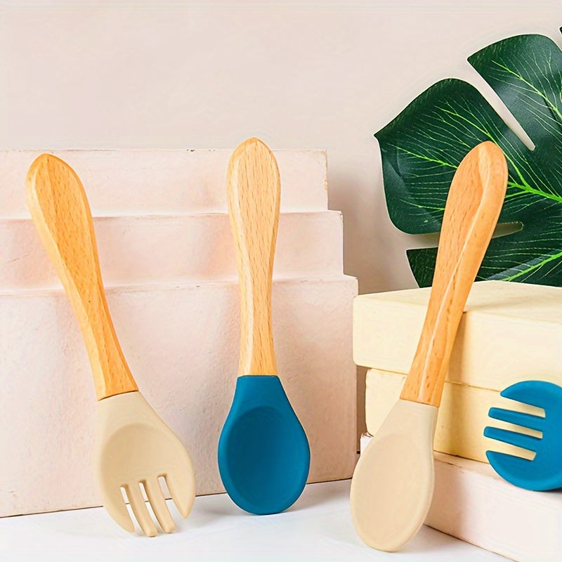 2PCS Silicone Feeding Set – Durable Spoon & Fork with Wooden Handle, BPA-Free Self-Feeding Utensils for Toddlers & Babies