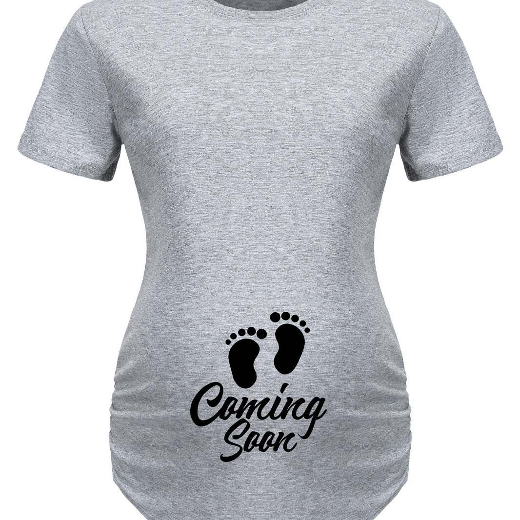 Maternity Casual Cartoon Cute Footprint Print Short Sleeve Slim Fit T-shirt For Summer Pregnancy Gift