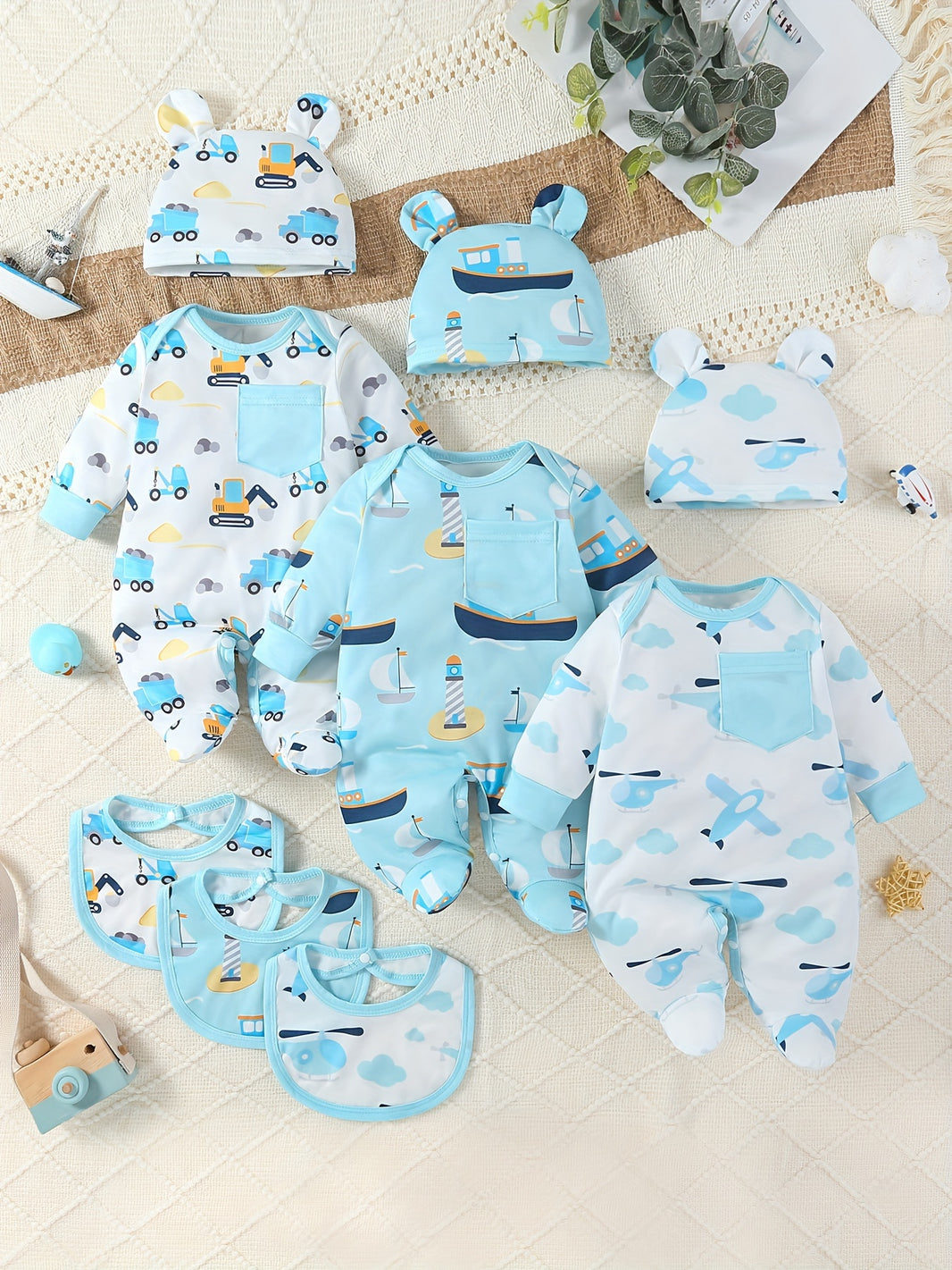 SHIXUANBAOBEI 9pcs Newborn Long Sleeve Wrap Bodysuit Set – Cartoon Airplanes, Boats, Cars & Excavators Patterns, with Bunny Hat & Drooling Towel