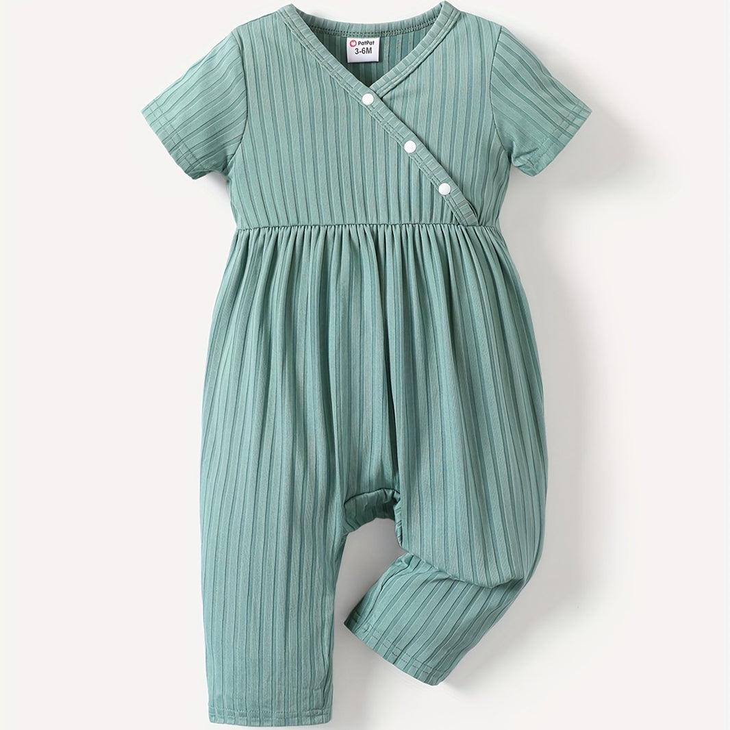 PatPat Baby Girl Cute All-Over Rabbit Print & Solid Ribbed V Neck Short-Sleeve Jumpsuit – Perfect for Summer Outdoor Wear