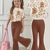 Girls' Cartoon Bear T-Shirt & Slim Flare Pants 2-Piece Set - Cute Casual Summer Outfit for Kids (Ages 12 & Under)
