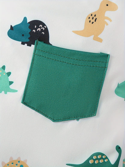 Three-Piece Dinosaur-Themed Green Striped Onesie Set for Baby Boys – Outdoor Wear, Comfortable & Cute