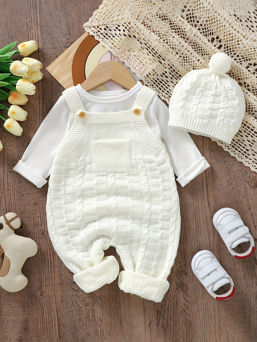 DOVFANNY 2pcs Baby Outfit Set – Acrylic Knit Crew Neck Jumpsuit with Leggings & Matching Hat (Fall/Winter, Sleeveless, Regular Fit)