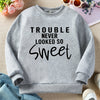 Boys Fleece-Lined Sweatshirt - 'Trouble Never Looked So Sweet' Graphic Crewneck Long Sleeve Pullover, Black, Cozy Fall/Winter
