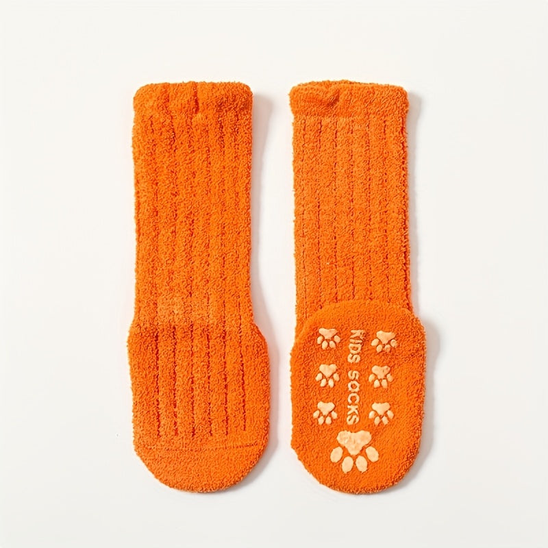 5 Pcs Cozy Coral Fleece Youngsters Socks - Warm, Thick Winter High Socks with Non-Slip Dots | Machine Washable in Vibrant Colors (Pink, Blue, Yellow, Orange, Brown) | Cute Paw Print Design for Youngsters