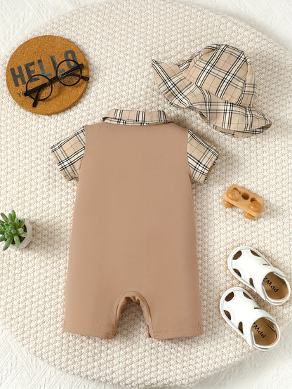 Baby Boy Plaid Print White Short Sleeve Romper with Plaid Fisherman Hat – Casual & Cute (0-3 Years, Summer Wear)