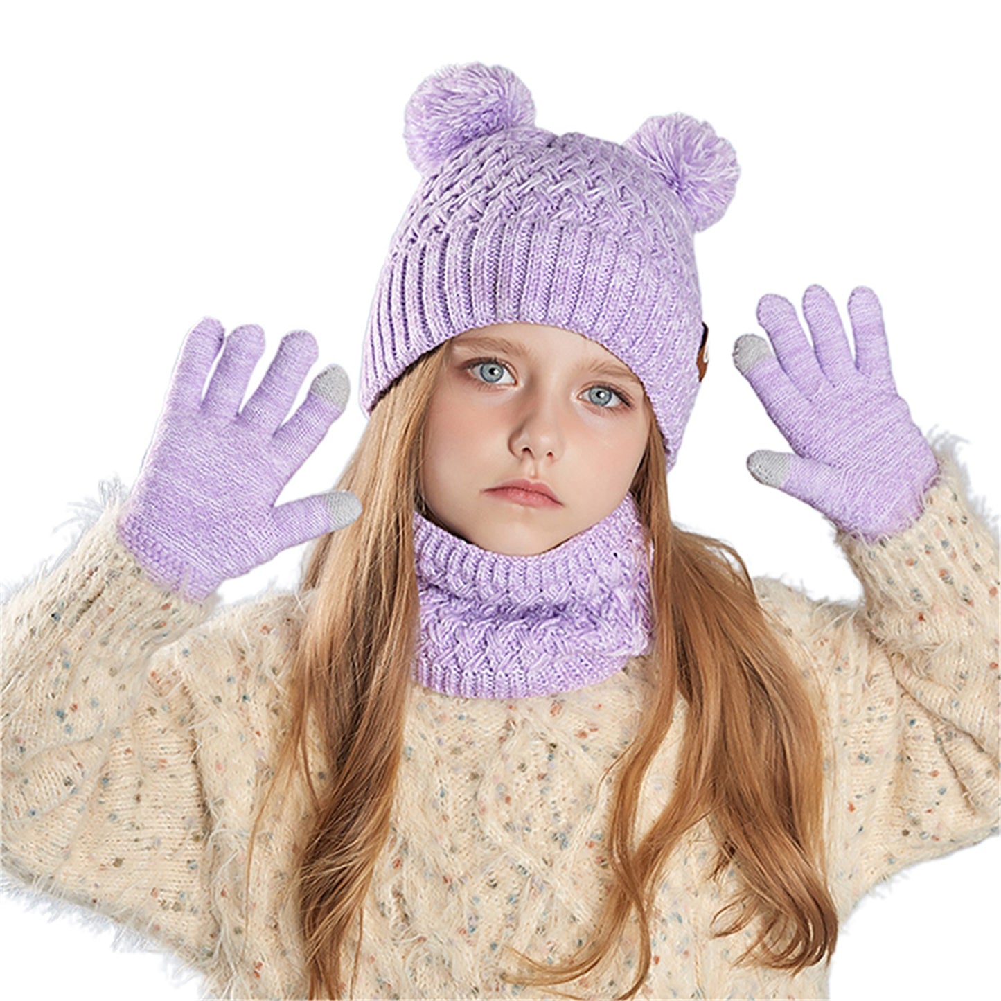 Unisex 3-Piece Winter Beanie Hat Set – Warm Acrylic Hat with Bear Ears, Scarf & Gloves - Kidzy Market