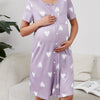 Elegant Maternity Heart-Print Nightgown — Soft Stretch Polyester Blend with Button Detail, Machine Washable
