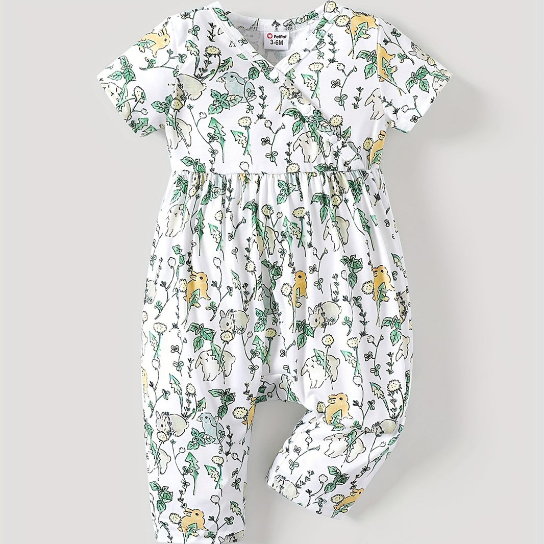 PatPat Baby Girl Cute All-Over Rabbit Print & Solid Ribbed V Neck Short-Sleeve Jumpsuit – Perfect for Summer Outdoor Wear