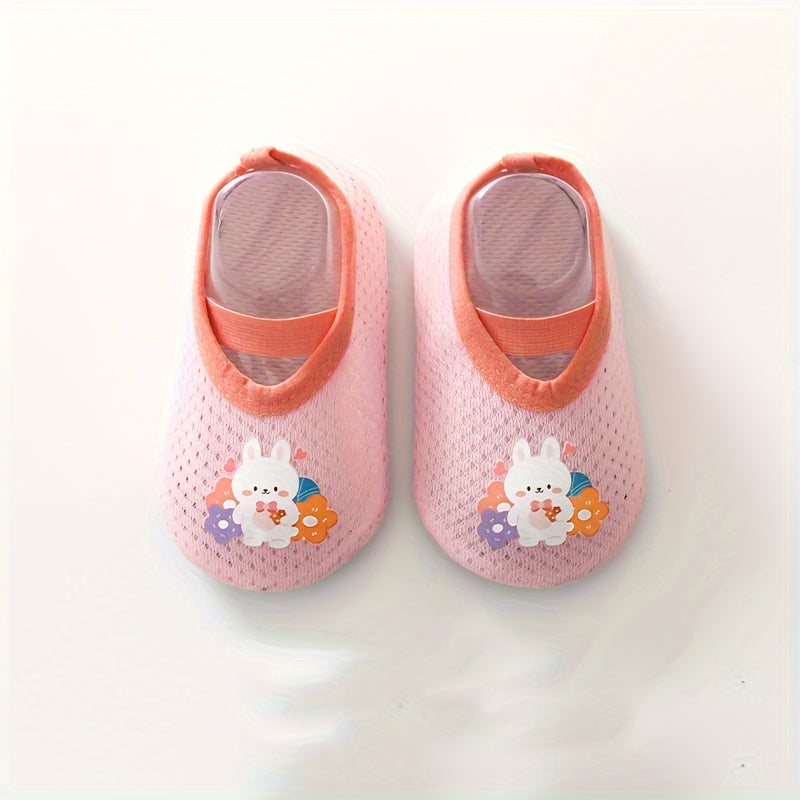 A Pair of Baby Girl's Adorable Cartoon Pattern Floor Socks - Comfy, Breathable, Casual Soft & Elastic Sock Shoes | Perfect for Spring & Summer