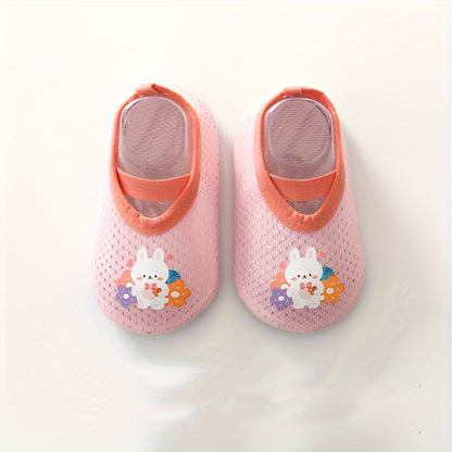 A Pair of Baby Girl's Adorable Cartoon Pattern Floor Socks - Comfy, Breathable, Casual Soft & Elastic Sock Shoes | Perfect for Spring & Summer