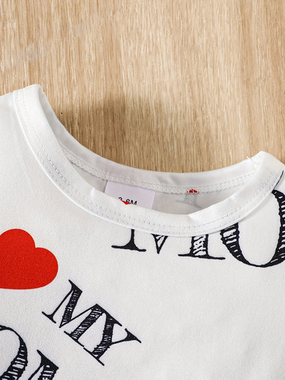 2pcs Baby Boy Summer Outfit – "I Love Grandma, Mom, Dad" Alphabet Print Jumpsuit, Casual Knit Polyester & Spandex Set (Short Sleeve, Outdoor Wear)