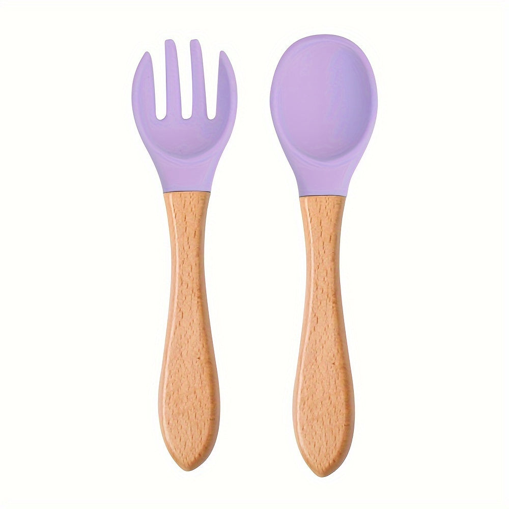 2PCS Silicone Feeding Set – Durable Spoon & Fork with Wooden Handle, BPA-Free Self-Feeding Utensils for Toddlers & Babies