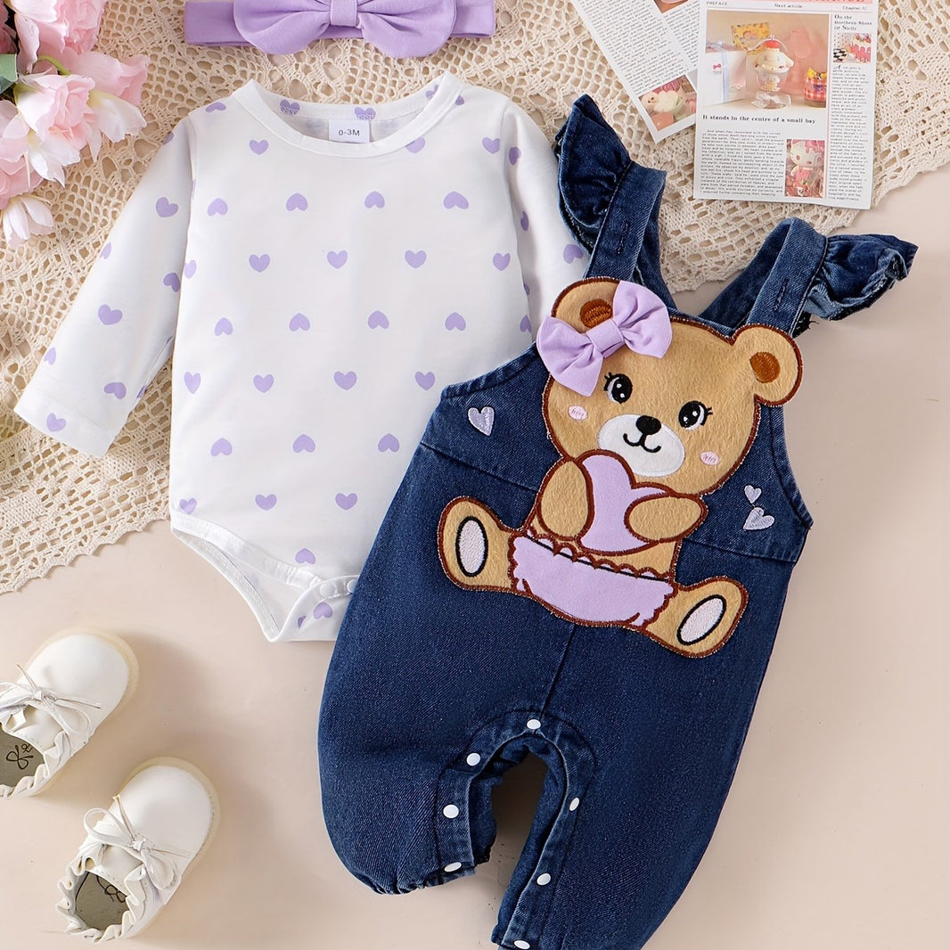 CETEPY Baby Girl Outfit – Long Sleeve Jumpsuit with Denim Overalls & Headband (Cartoon Bear Pattern, 3pcs Set, Fall/Winter, 0-18 Months)