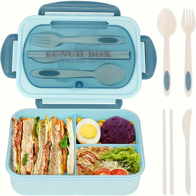 1 Set 40.58 Oz Leak-Proof Lunch Box with Utensils – 3-Compartment BPA-Free Meal Container with Knife, Fork & Chopsticks, Microwave Safe, Perfect for School & Work