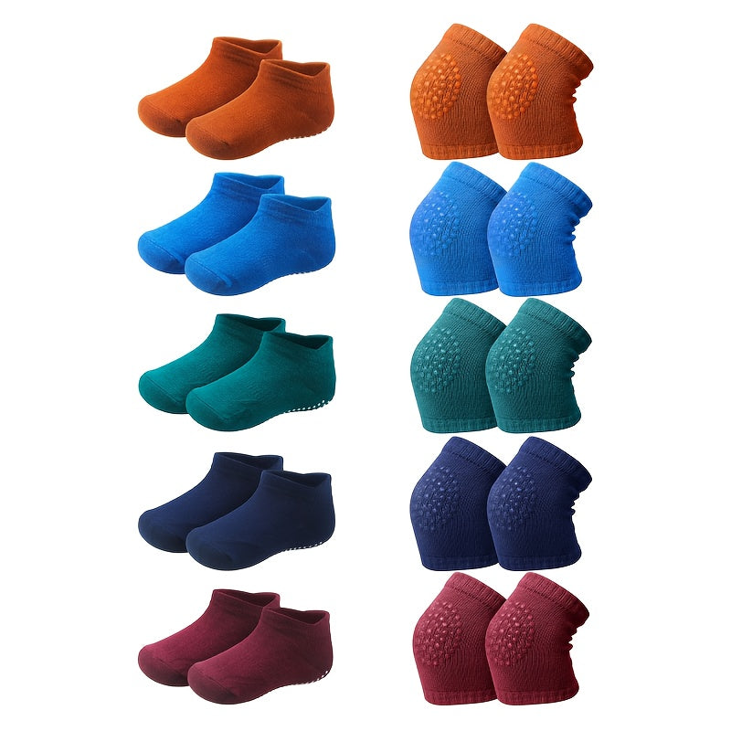 10-Pair Youngsters Crawling Safety Set - Non-Slip Knee Pads & Socks for Babies and Toddlers | Assorted Colors