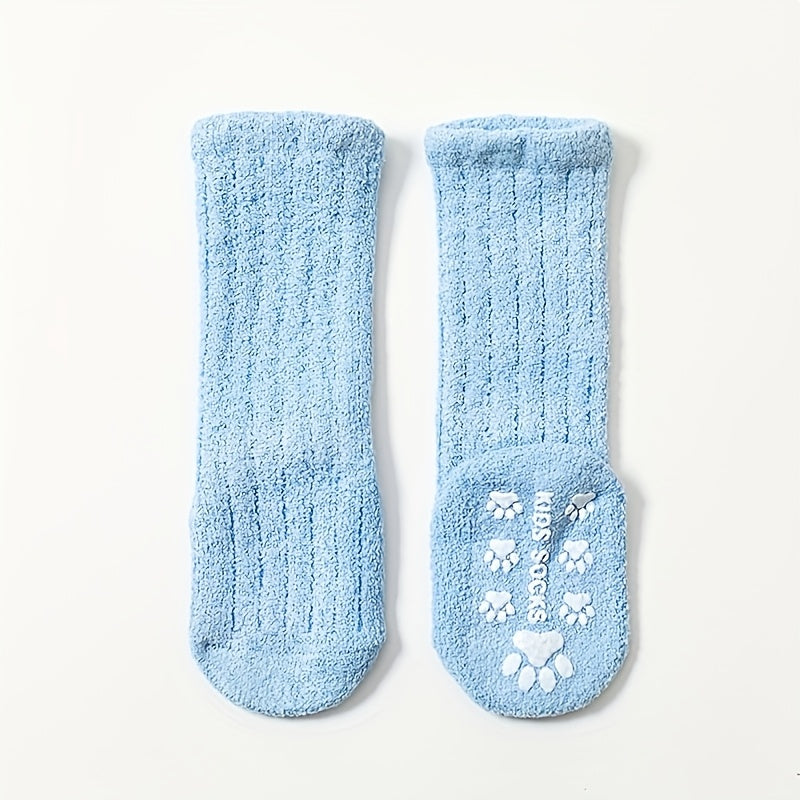 5 Pcs Cozy Coral Fleece Youngsters Socks - Warm, Thick Winter High Socks with Non-Slip Dots | Machine Washable in Vibrant Colors (Pink, Blue, Yellow, Orange, Brown) | Cute Paw Print Design for Youngsters